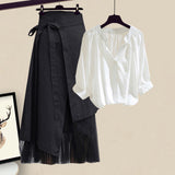 Outfits For Women 2023 Korean Casual V Neck Solid Blouse+irregular Mesh Patchwork Skirt Two Pieces Set Women Clothing