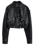 Spring Short Black Blue Faux Leather Jackets for Women Long Sleeve Zipper Runway Fashion Designer Luxury Clothes