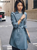 Spring Autumn Classy Blue Faux Leather Trench Coat for Women Belt Elegant Luxury Designer Clothes Runway Fashion