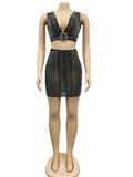 Sexy Black Diamond Crystal Mesh Skirt Set Women Deep V Neck Tank Top And Mini Skirt Suit Night Clubwear Matching