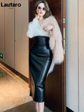 Spring Midi Black Soft Pu Leather Pencil Skirt Women with Back Slit Belt High Waist Long Office Skirts Fashion