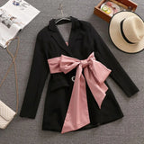 Women Jacket Bow Pink Hollow Out Backless Design Long Sleeve Notched Blazers Coat Slim High Street Style 2021 Autumn