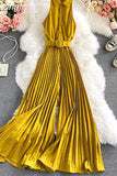 Women's Romper Spring Autumn 2023 Turn-Down Collar Sleeveless Vintage Playsuits Female Off Shoulder Pleated Jumpsuit New
