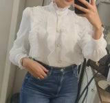 Ruffle Lace Chiffon Shirt Spring Sweet Chic Long Puff Sleeve Women Blouse Apricot Tops Stand Collar Clothes Blusas
