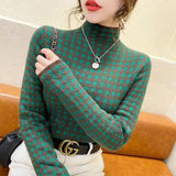 Winter High Collar Houndstooth Plus Velvet Sweater Ladies Slim All-match Bottoming Pullover Top Women Casual Warm