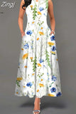 Women Floral Printed Long Dresses Casual Sleeveless Beach Holiday Boho Maxi Dress