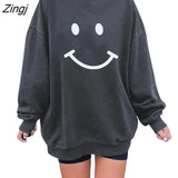 Smiley Print Sweatshirt Women Autumn Winter Oversized American Style Sweatshirts Drop-shoulder Long Sleeve Tops