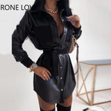 Women Long Sleeve Solid Solid Button-down Shirt PU Dress Dress Elegant Fashion Party