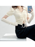 Fashion Casual Vintage Solid Removable Sleeves V-Neck T Shirt For Women New Streetwear Basic Female Sexy Slim Crop Top