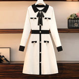 Women Beading Button Knitted Dress Plus Size Chic Autumn Black White Hit Color Pearl Bowknot Lapel Collar Sweater