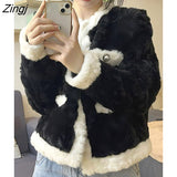Vintage Faux Wool Jacket Women 2022 Winter Spliced Thick Loose Sweet Short Coat Female Fashion Korean Streetwear Chic