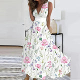 Women Sleeveless Evening Dress Casual High Waist Boho Beach Dress New Summer Deep V-neck Floral Print Long Dress