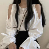 Women Off Shoulder Flare Sleeve Round Neck Mujer De Moda Casual Pure Color Student Simple Chic Elegant Female Spring