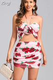 Summer Floral Print Cropped Top+Mini Skirt 2-Piece Set Women Pink Halter Top+Ruched Mini Skirt Suit Party Evening Club