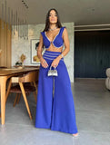 Piece Set With Pants Summer Elegant Solid Women Deep V Square Collar Sexy Short Top Wide Leg Pants Suit Office Lady