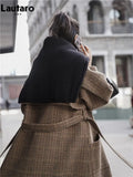 Autumn Winter Long Loose Stylish Warm Plaid Wool Blends Coat Women Sashes Luxury Designer Runway European Fashion
