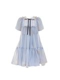 Women's Blue Gauze Mesh Dress Vintage Korean Harajuku Short Sleeve One Piece Lace Midi Dress 2023 Summer Princess Fairy