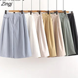 Cotton Midi Wide Leg Baggy Cropped Skirt Pants Women 2021 Summer Korean Style Mid-Length Female High Waist