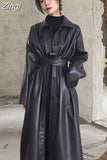 Autumn Long Black Cool PU Leather Trench Coat for Women Belt Single Breasted Loose Korean Fashion Wholesale Clothes