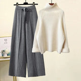 Two Piece Sets Women Winter Korean Casual Turtleneck Knitted Sweater And Wide Leg Knitting Pants Suits Women Homewear
