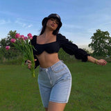 Square Collar Fashion Wave Lantern Sleeve Blouse Shirts Sexy Backless Summer Cropped Top Blouse Women Blusas