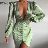 Women Chic Deep V Neck Polka Dot A Line Long Puff Sleeves High Silt Spring&Autumn Sexy Party Satin