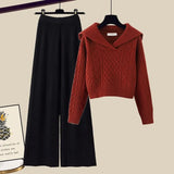 Winter Thick Knit Two Piece Sets Women Outfits Ladies Elegant Twist Knitted Sweater And Wide Leg Pant Sets Women