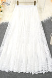 Summer Solid Lace Skirt Women Sweet Mesh High Waist Elegant Office Ladies Korean A-Line Long Skirts