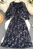 Red/Brown/White Printed Pleated Chiffon Dress Autumn Elegant V-Neck Flare Long Sleeve High Waist Draped Midi Vestido