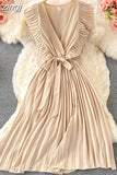 Women Green/Red/Beige Pleated Midi Dress Vintage V-Neck Draped Party Robe Female Elegant Casual Vestidos New Fashion