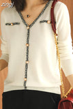 Soft Women Pullover Sweater Sexy V Neck Autumn Basic Chic Button Knitted Blouse Long Sleeve Slim Korean Female
