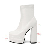 White Women Ankle Boots 2022 Fashion Double Platform Squaer High Heel Punk Boots Slip On Stretch Woman Boots Plus Size