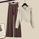 Winter Thick Knit Two Piece Sets Women Outfits Ladies Elegant Twist Knitted Sweater And Wide Leg Pant Sets Women