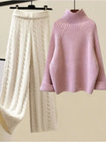 Warm 3 Piece Sets Womens Outfits Office Ladies Turtleneck Knitted Sweater+woolen Parkas Vest+wide Leg Knitting Pants