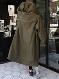 Spring Autumn Long ArmyGreen Oversized Waterproof Windbreaker Women Hood Zip Up Casual Loose Bf Varsity Raincoat