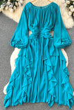 Autumn Women Irregular Ruffle Draped Midi Dress Vintage Yellow/Blue/Red O-Neck Puff Long Sleeve Vacation Beach Robe