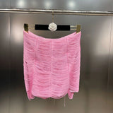 Autumn Winter New Collection Long Sleeve O Neck Mesh Tassel Pink Jacket Women Slim Coat Short Skirt Two Piece Set