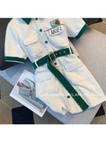 Polo Neck Dresses Women Summer Fashion Elegant Color Contrast Short Sleeve Mini A-line Dress Korean Office Lady