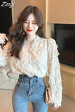 V-neck Hollow Lace Bottoming Shirt Korean Fashion Long Sleeve Elegant Blouse Slim Vintage Shirt Women Tops Blusas