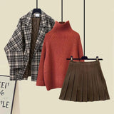 Winter Warm Clothes For Women French Vintage Notched V Neck Plaid Woolen Coats+knitted Sweater+pleated Skirts 3 Piece