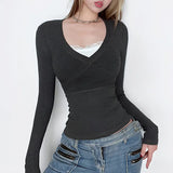 Lace Splice Crossover Long Sleeve Knit TeeOutfit