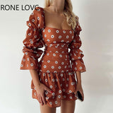 Women Chic All Over Print with Little Daisy Pattern Lantern Sleeves Ruffles Hem Square Collar Mini Sweet Bodycon