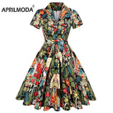 Cotton Vintage Tunic Midi Dress 50S Short Sleeve 4XL 70s Robe Swing Retro Floral Print White Rockabilly Office