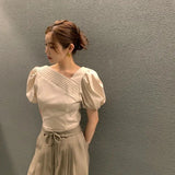 Korean Elegant Chic Blouse Women Summer Pleated Puff Sleeve Shirts Office Lady Fashion Slim Solid Folds V Neck Chic