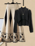 Warm Knitwears Two Piece Set For Women Outfit Korean Off The Shoulder Knitted Sweater+high Waist Patchwork Skirt Set