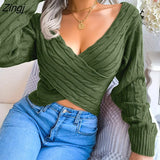 Women's Sweaters Twist Knit Pullover Sweater Winter V neck Full Balloon Sleeve Solid Slim Short Crop Pullovers 2022
