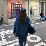 Elegant Autumn Woolen Set Solid Blue Single Breasted Coat + High Waist Long Skirt Women Winter Wild Office Ladies