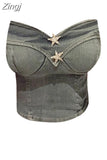 Women Summer Y2k Denim Camisole Star Crop Top Off Shoulder Sexy Streetwear Vintage Chic Strapless Tube Top Girl Fashion Tank