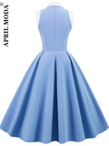 Vintage Shirt Women Flare Dresses Turn Down Collar Blue Solid Robe De Cocktail Pinup Swing Sundress 50s Rockabilly