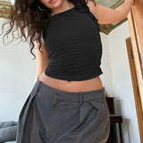 Women's Ruched Tank Tops Tie Knot Shoulder Sleeveless Round Neck Solid Color Tops Cropped Slim Sleeveless Shirt Vests